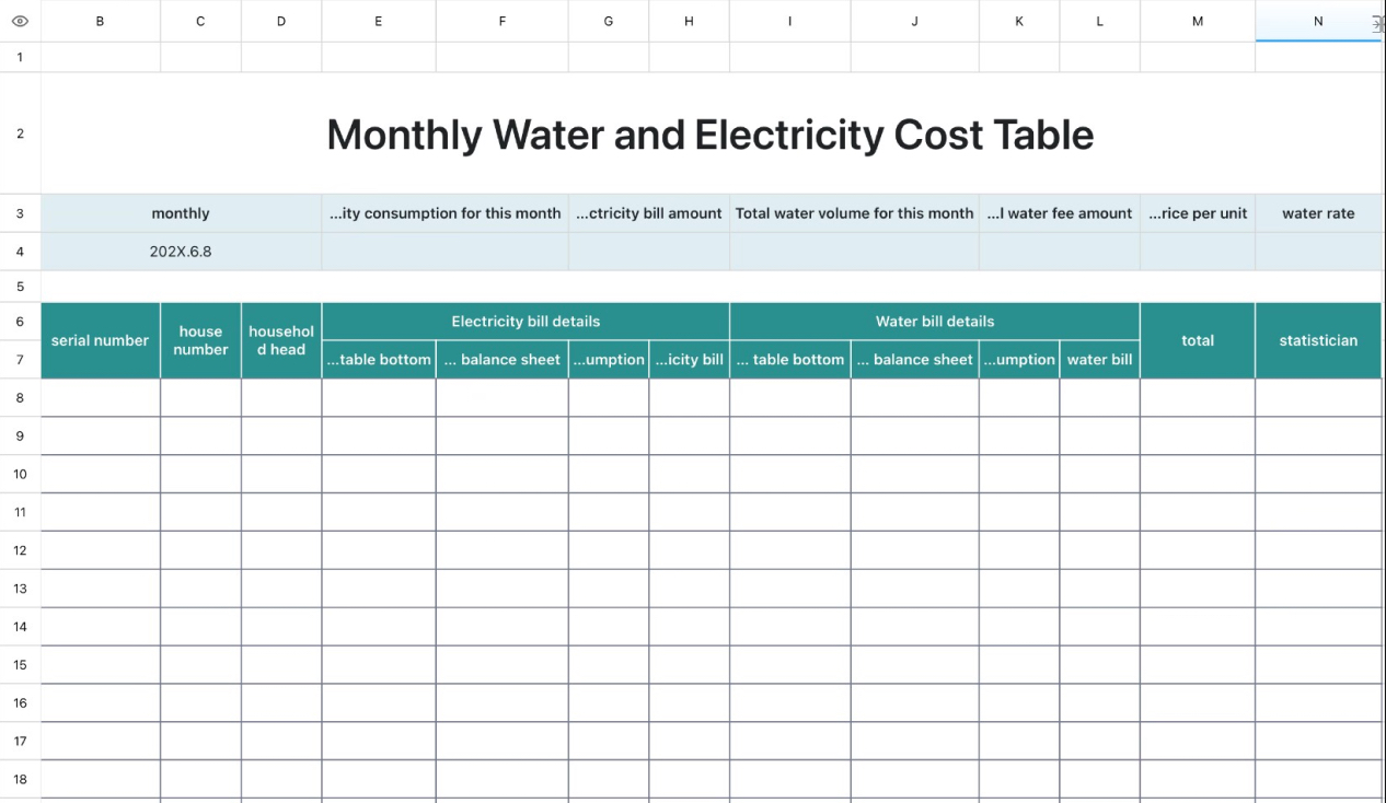 Monthly Water and Electricity Cost Table